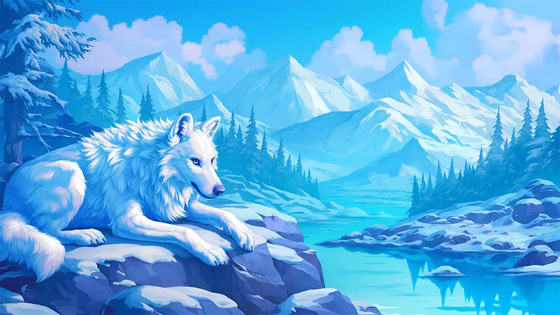 white wolf snowy mountain scene desktop wallpaper cover