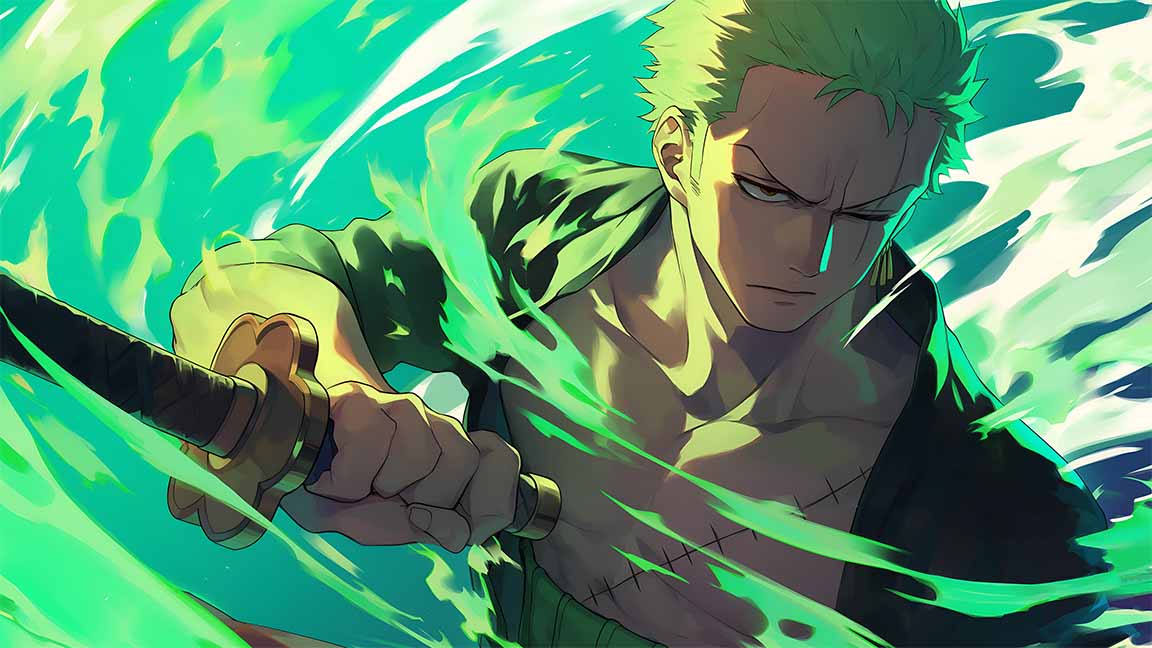 zoro green flame sword strike epic anime style desktop wallpaper cover