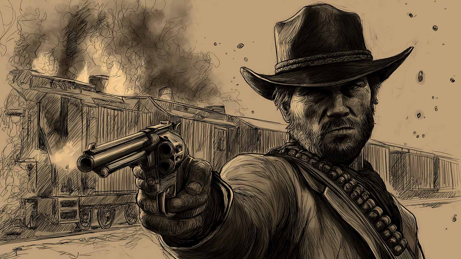 Free RDR2 Arthur Morgan Gun Train Station Desktop Wallpaper 4K, image size:1536x864